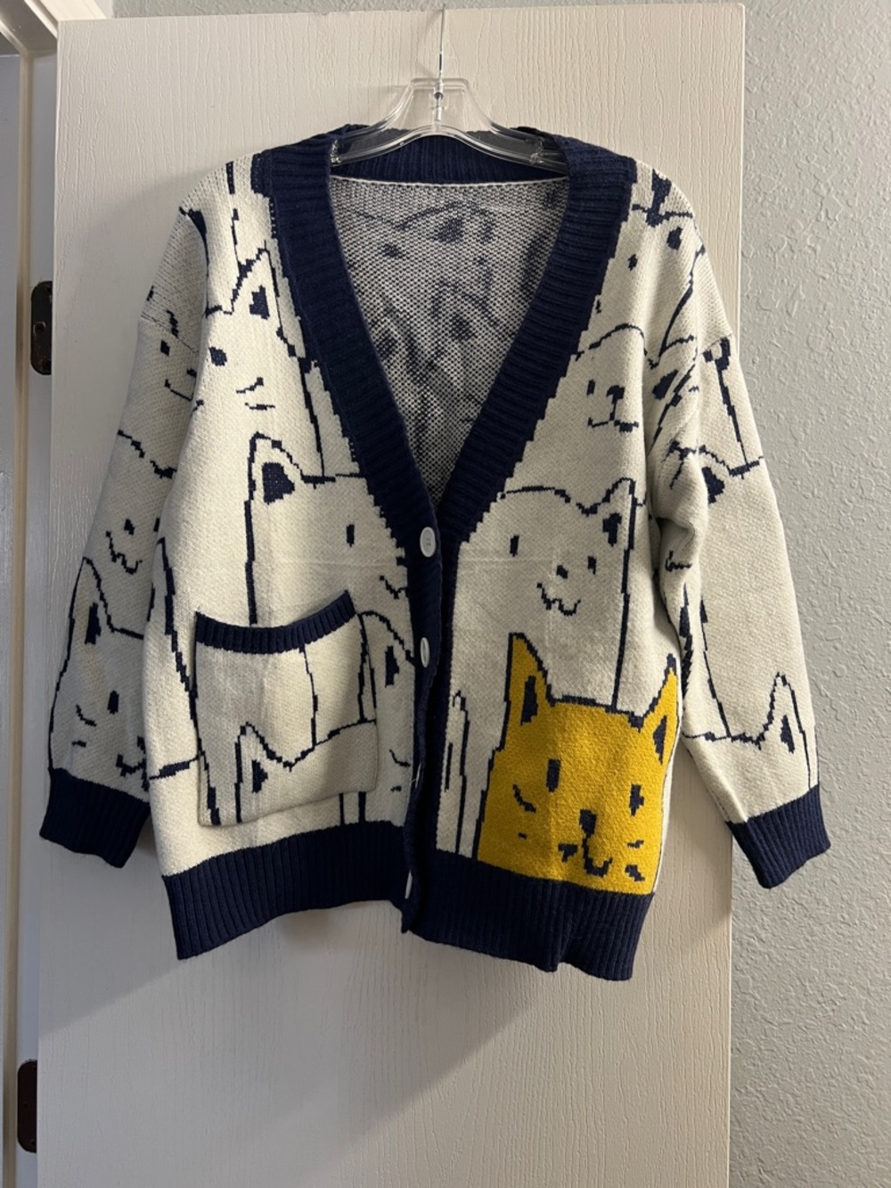 Cat Pattern V-Neck Cardigan Sweater - Navy Trim, Cream & Yellow